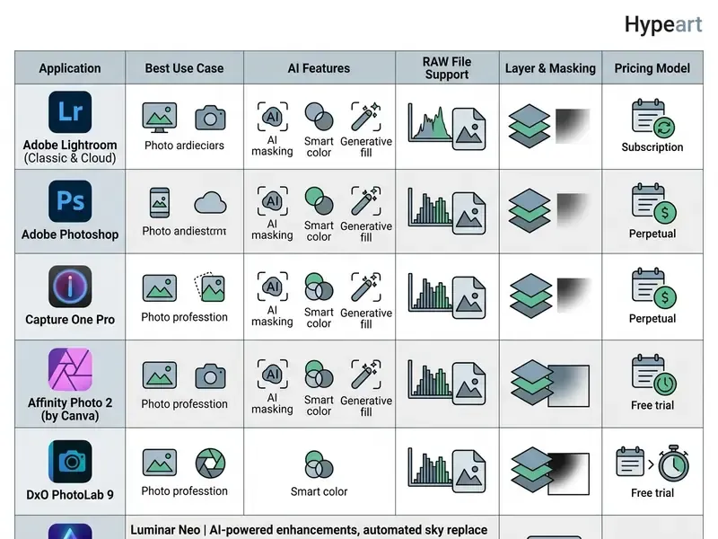 Comparison table evaluating photo editing software for Mac by features, pricing, and use case