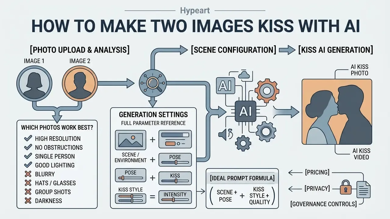 Infographic showing the process of uploading photos, configuring generation settings, and creating a final result