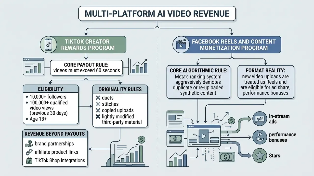 Comparison of monetization rules and eligibility requirements for AI videos on TikTok and Facebook