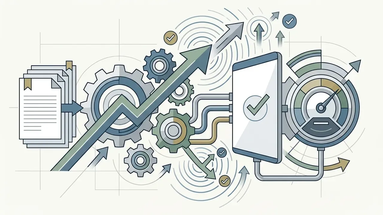 Documents feeding into gears and a tablet screen connected to a speedometer showing performance metrics