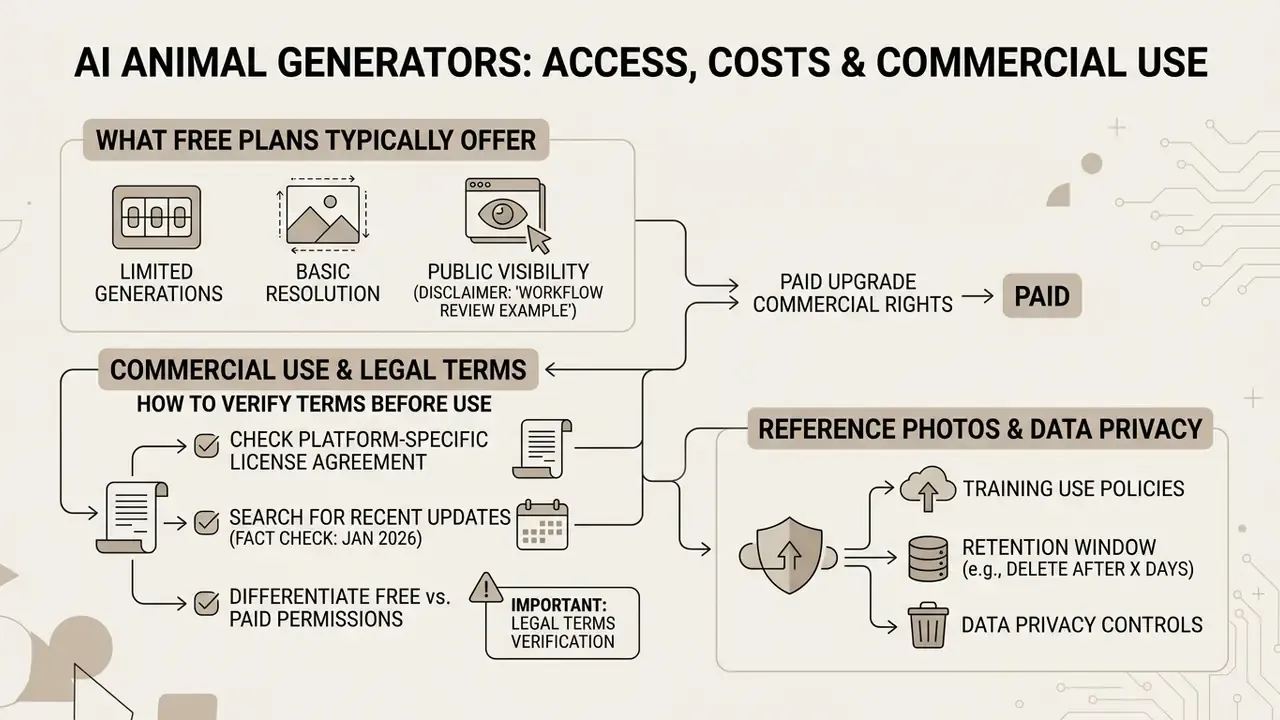 Flowchart comparing free plan limitations, commercial licensing requirements, and data privacy policies