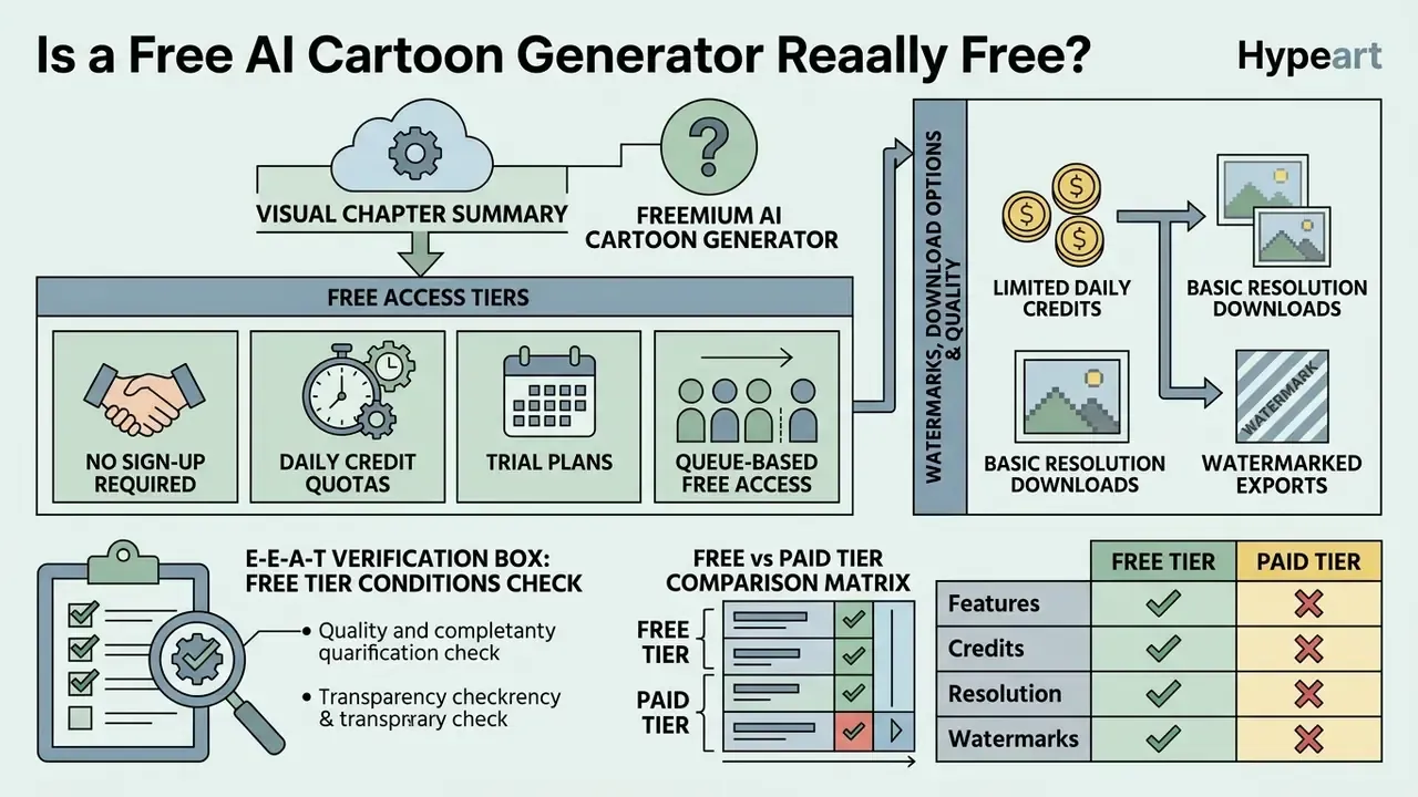 Diagram detailing freemium models for AI cartoon generators including access tiers and comparison matrices