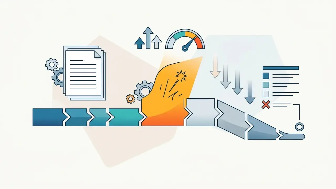 Document icon and gears feeding into a process line that breaks apart before descending into a checklist