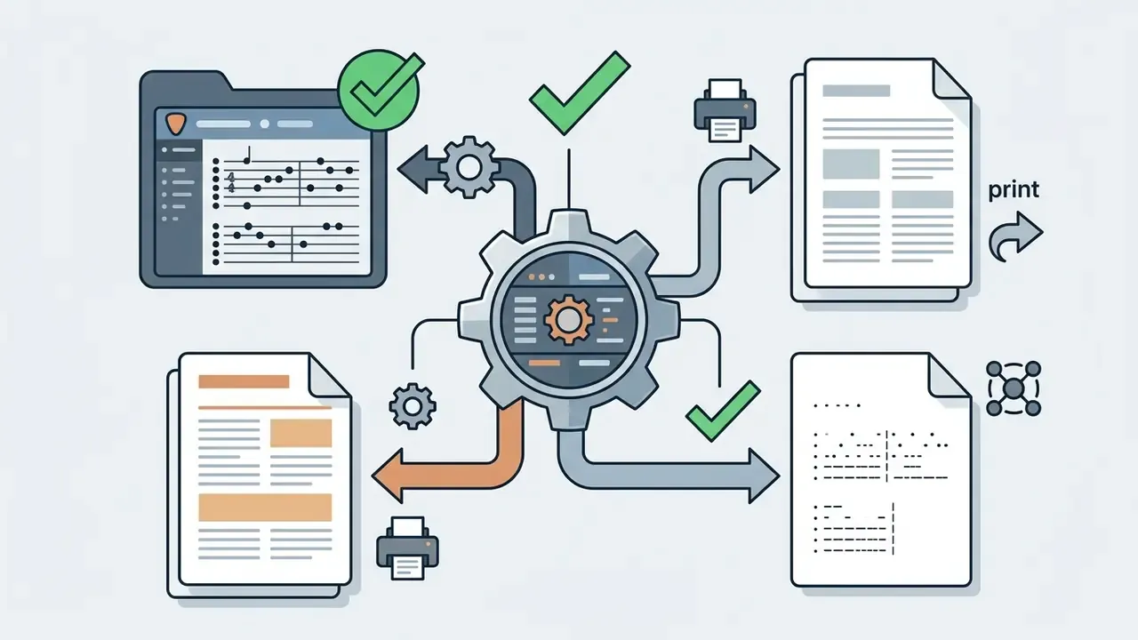 Central gear mechanism processing digital musical data into various printable document and text formats