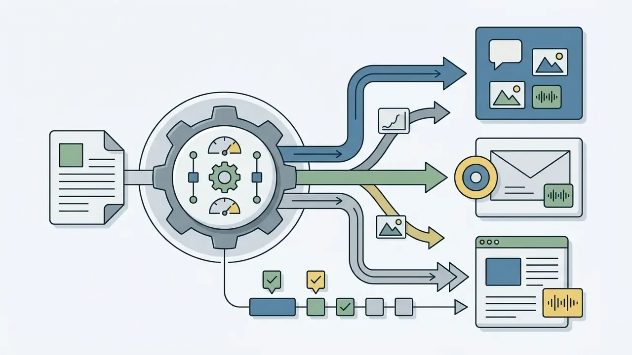 Single asset feeding into a gear-driven hub that branches out to distribute content across various channels