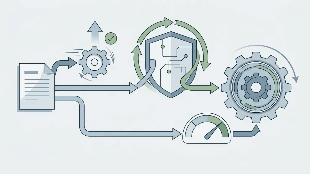 Document flowing through a gear and a security shield to a final gear with a speed monitoring gauge