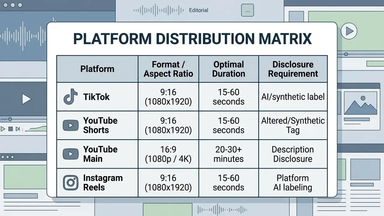 Matrix chart detailing video format, duration, and disclosure requirements for major social platforms