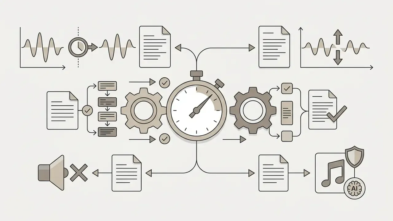 Diagram showing audio processing options like time stretching, pitch shifting, muting, and AI enhancement