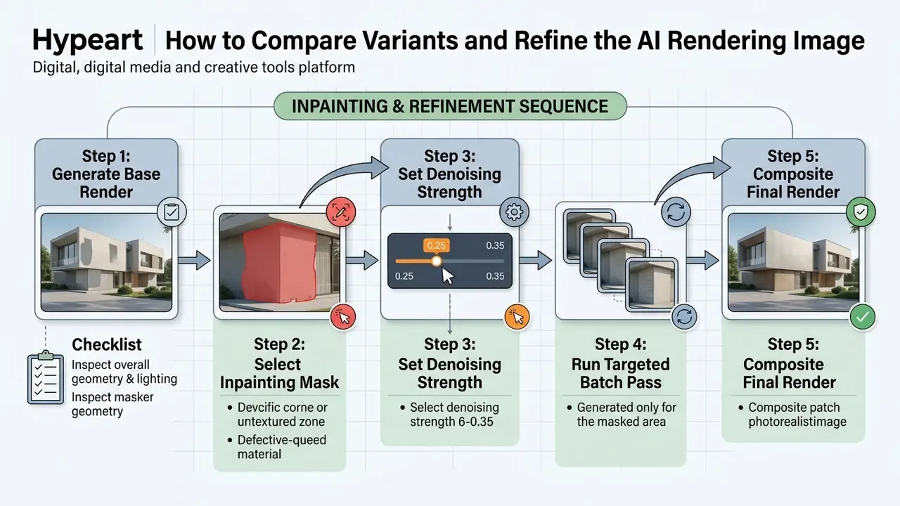 Five-step process diagram detailing the inpainting and refinement workflow for architectural visuals