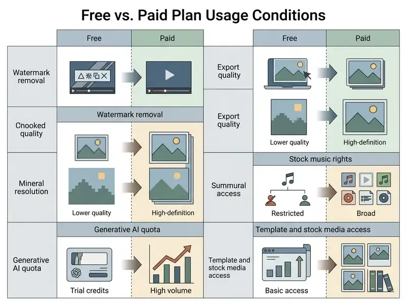 Grid showing differences between free and paid software plans regarding watermarks, resolution, and media rights