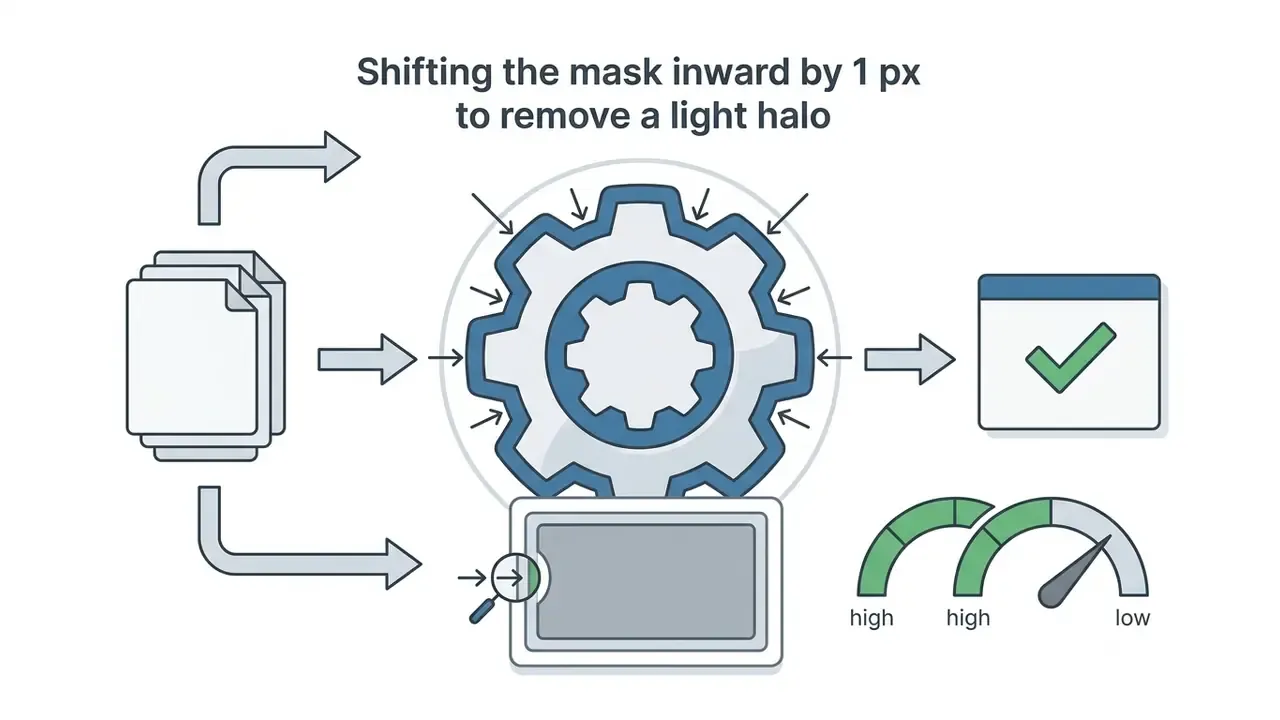Gear icon with inward arrows and a magnifying glass tool adjusting a mask to remove a light halo