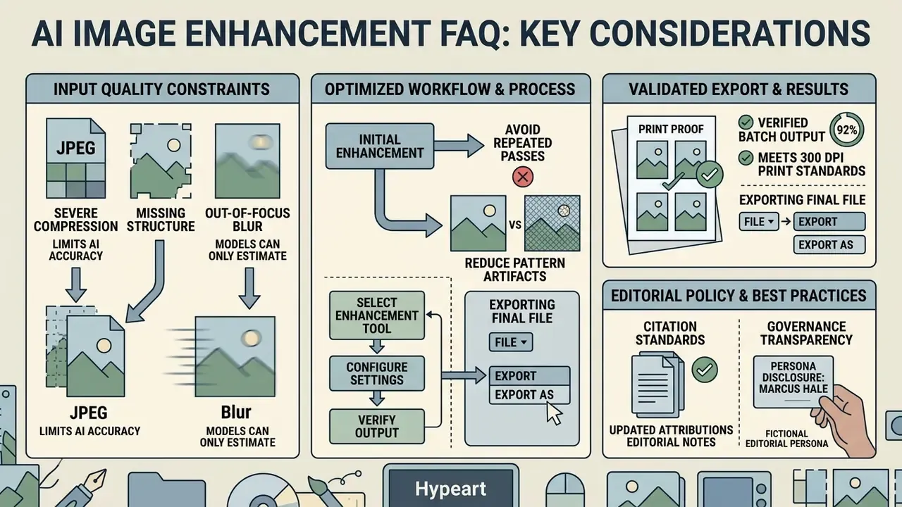 Diagram detailing AI image enhancement constraints, workflow steps, export standards, and editorial policies