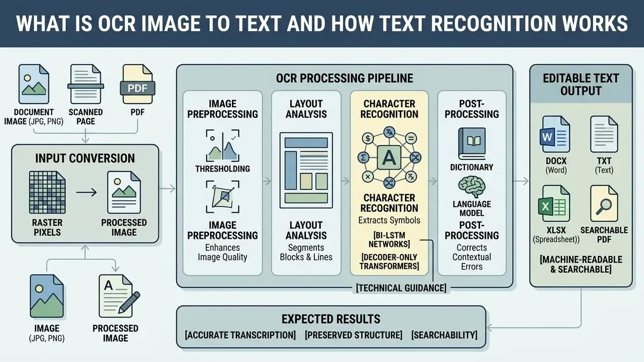 Infographic showing the OCR processing pipeline that converts scanned images into editable text formats