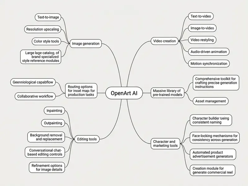 Mind map showing the various creative tools and production capabilities within the OpenArt AI ecosystem