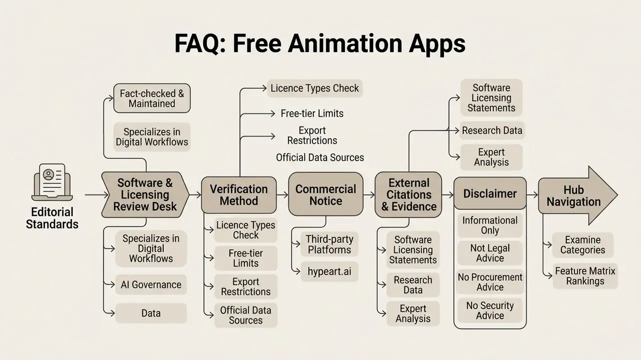 Flowchart detailing the editorial standards, verification methods, and data sources for animation software