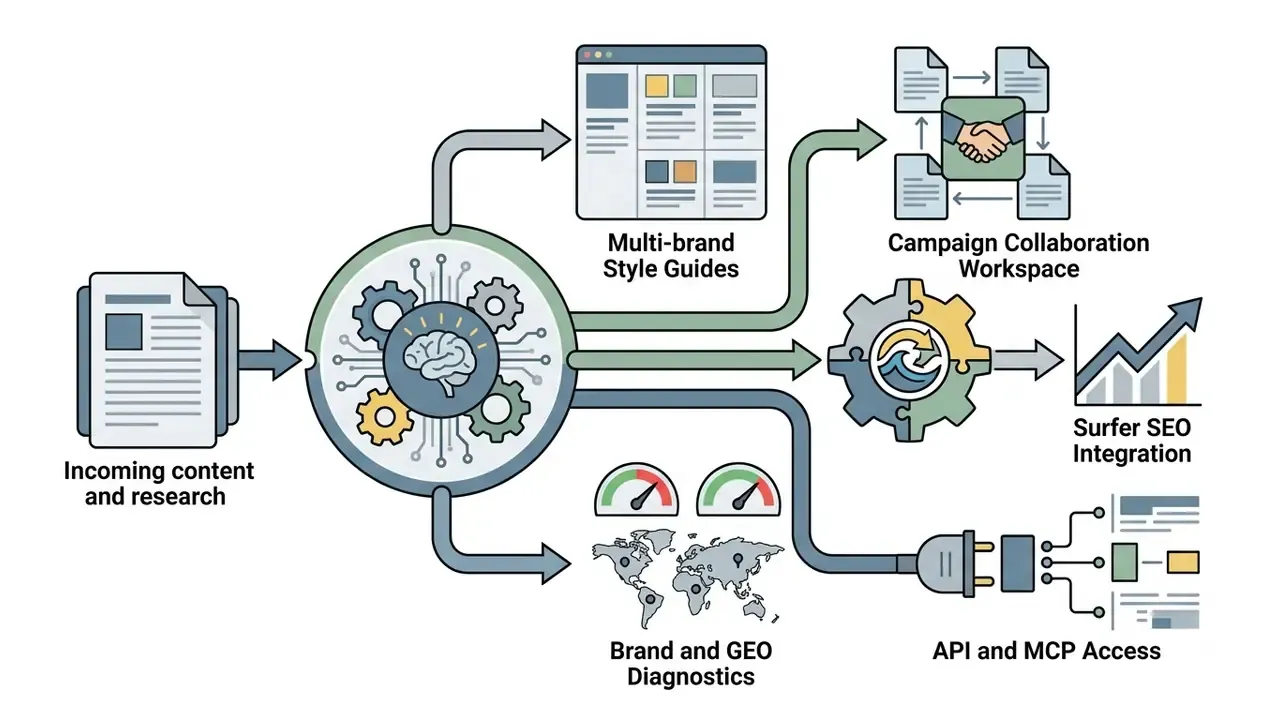 Central brain gear processing content into style guides, collaboration workspaces, and API connections