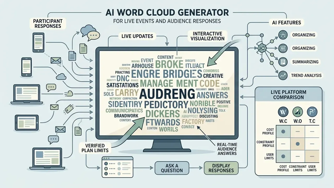 Infographic showing mobile device inputs feeding a central screen that displays live audience word clouds