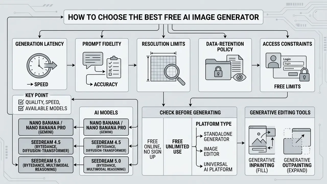Flowchart outlining criteria for evaluating free generative AI platforms including latency, fidelity, and models