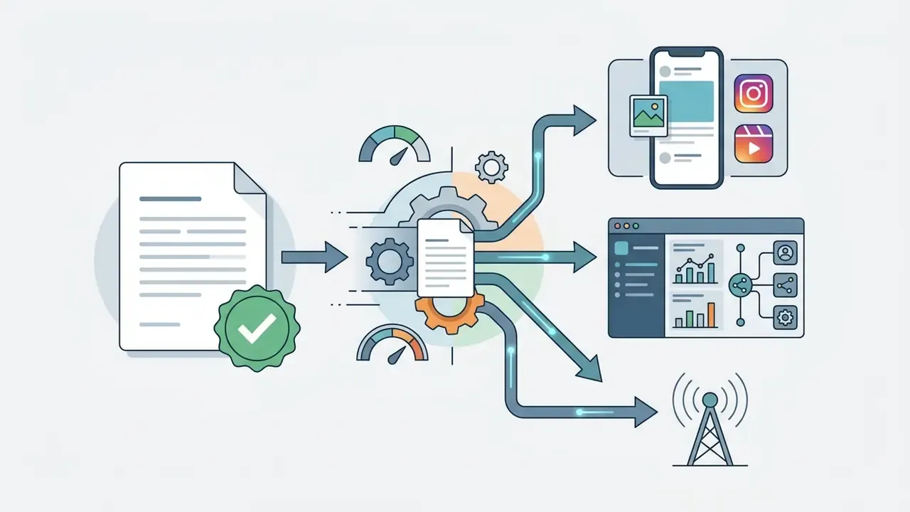 Document with checkmark flowing through a gear processor to mobile, dashboard, and broadcast icons