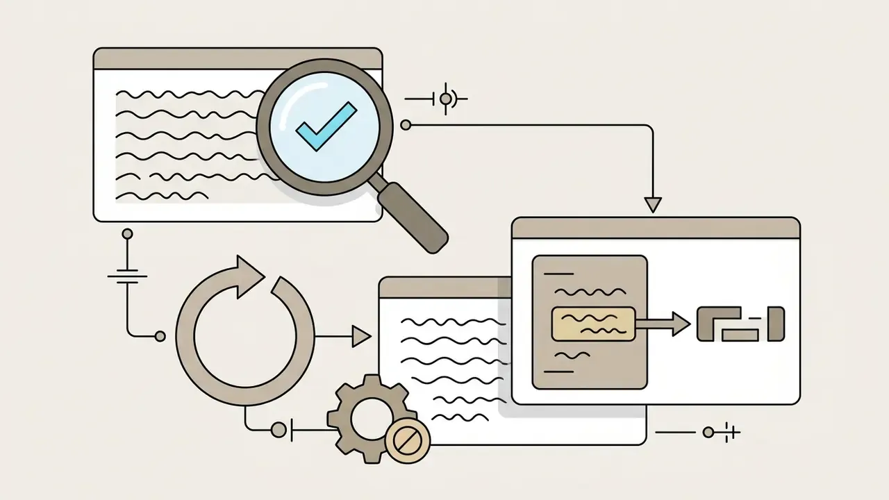 Magnifying glass inspecting text documents with a circular arrow and gear icon representing code correction