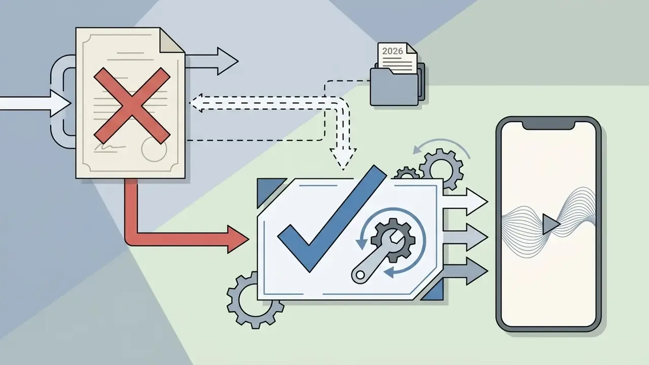 Document with a red X being redirected toward a validated gear and checkmark icon next to a smartphone