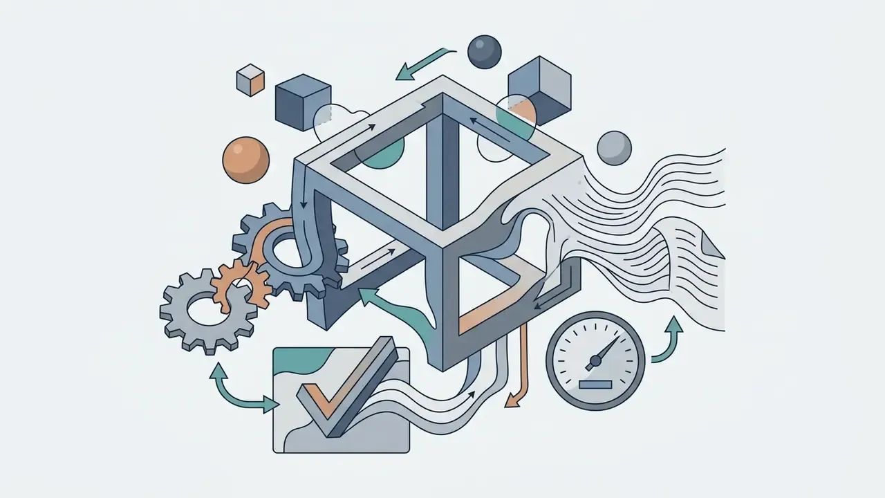 Impossible cube structure with flowing lines connecting to gears, a checkmark, and a gauge