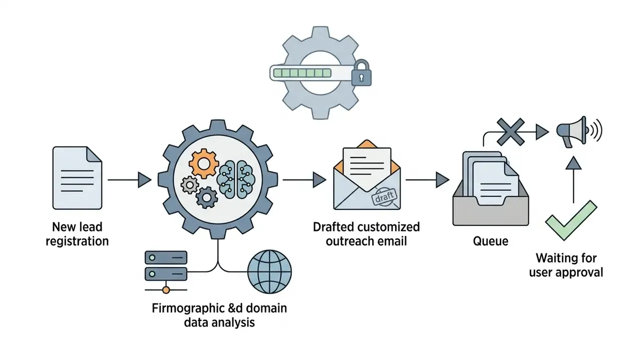 Lead registration data feeding into a processing gear and email draft waiting for manual approval