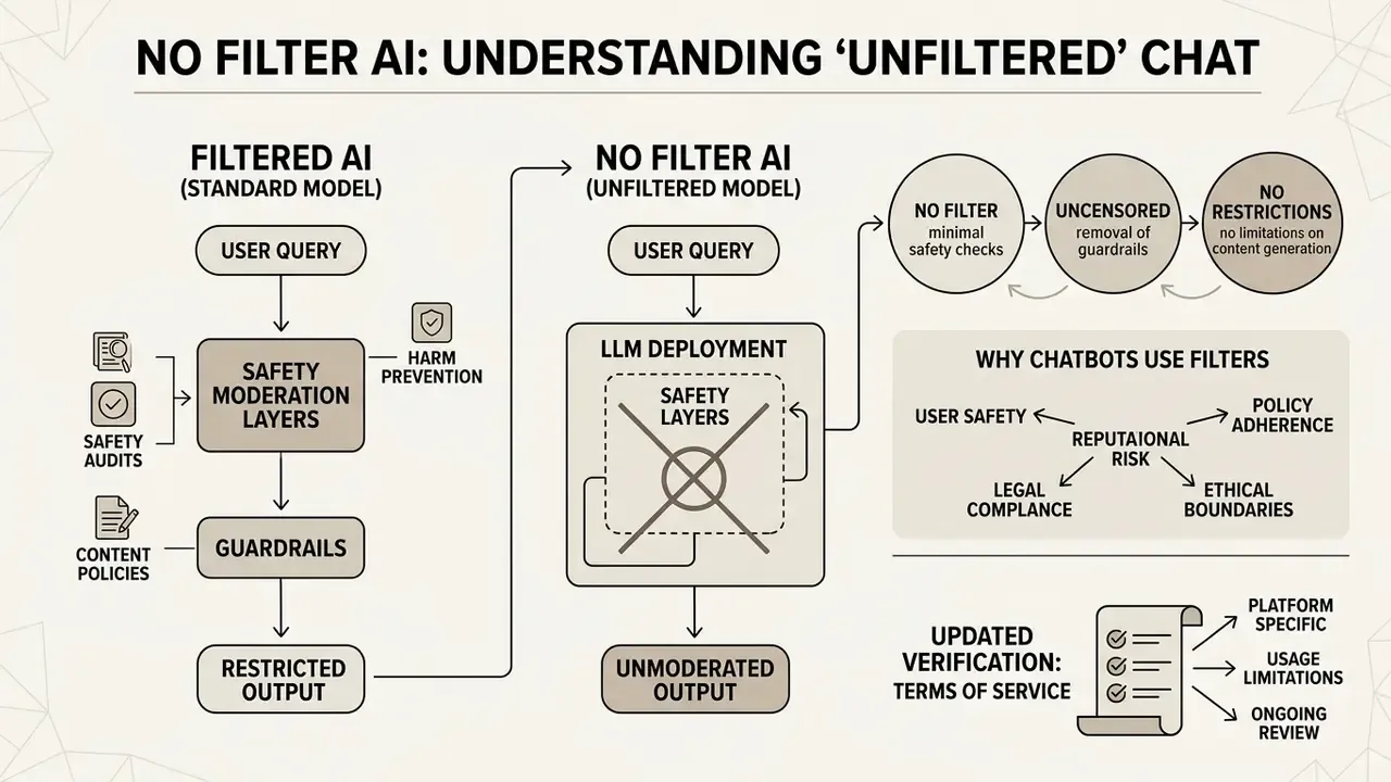 Flowchart comparing standard filtered AI models with no filter AI systems and their safety justifications
