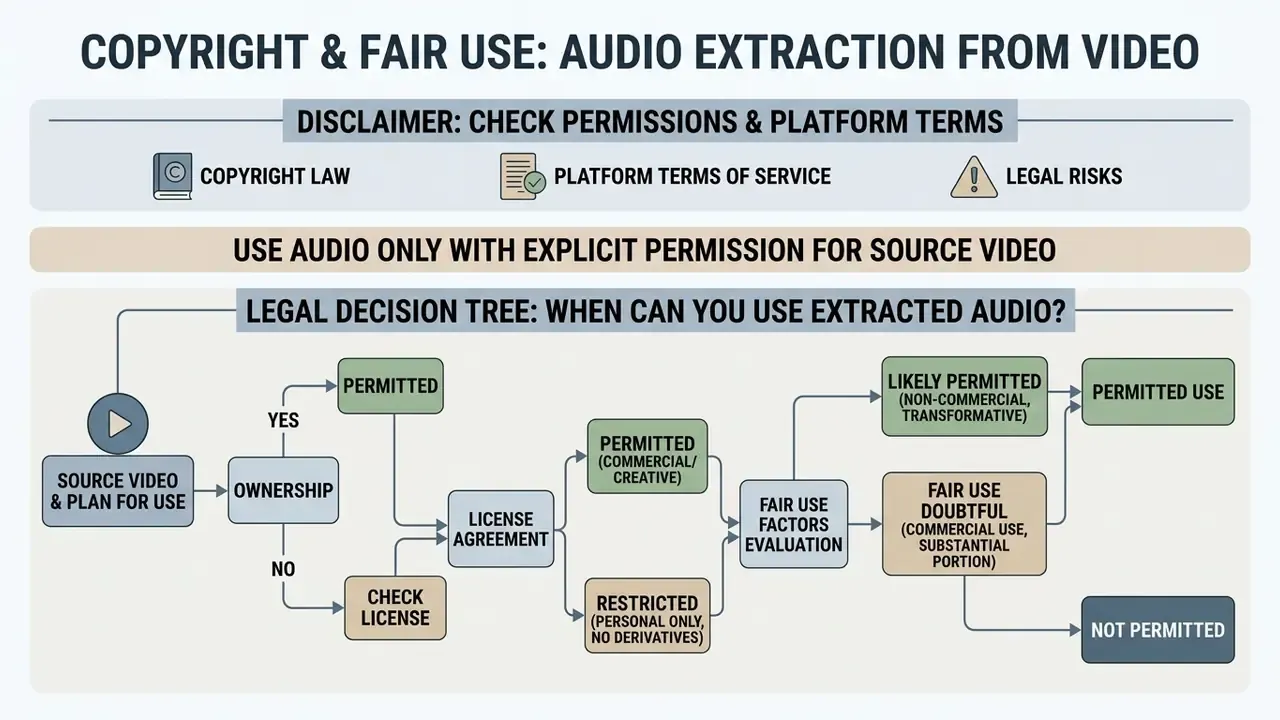 Decision tree outlining legal considerations and permission requirements for using extracted audio