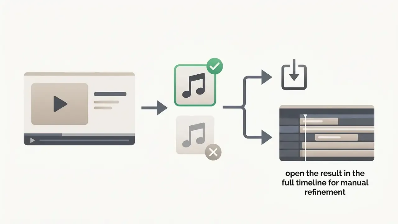 Video preview selecting music tracks to either export the file or open it in a manual editing timeline