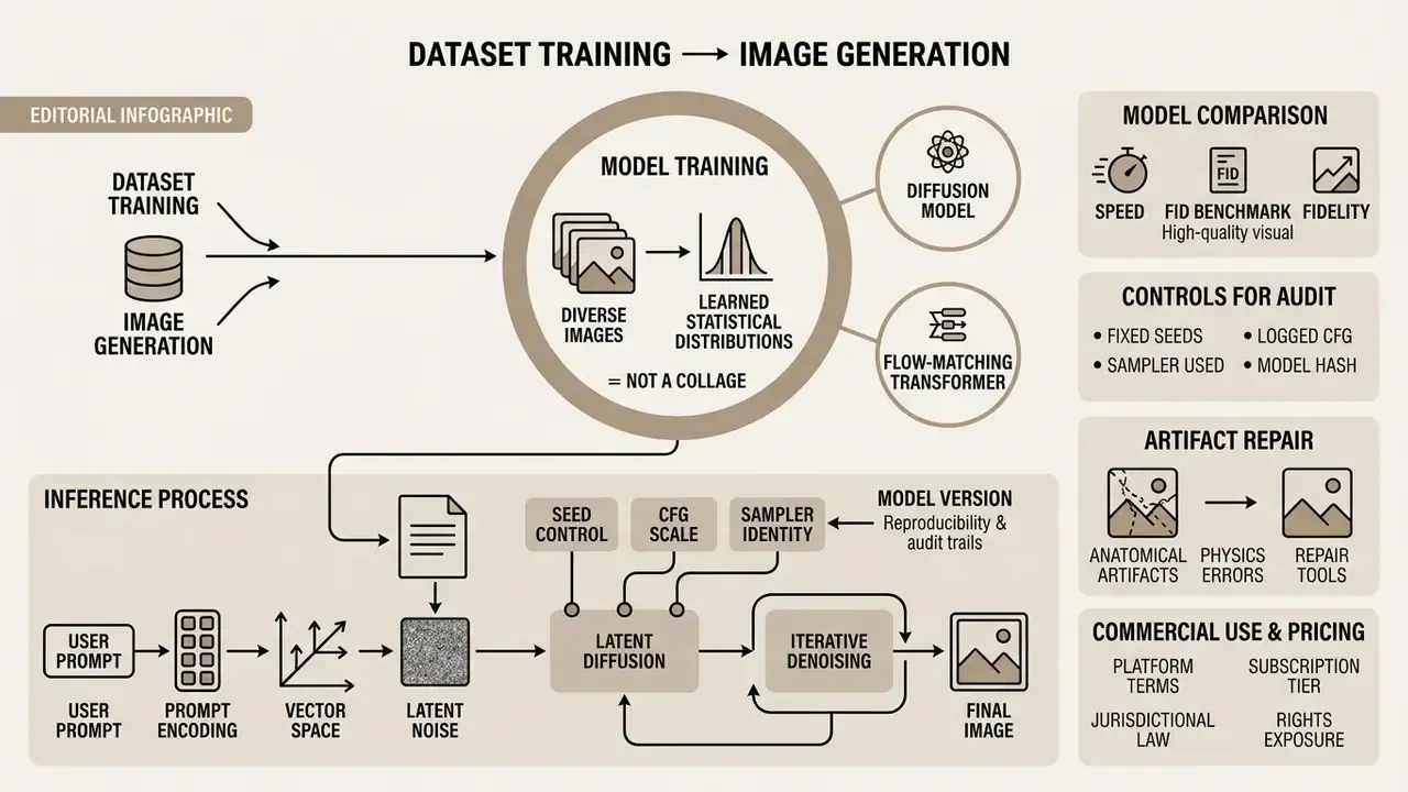 Infographic showing how AI generates images through dataset training, latent diffusion, and denoising