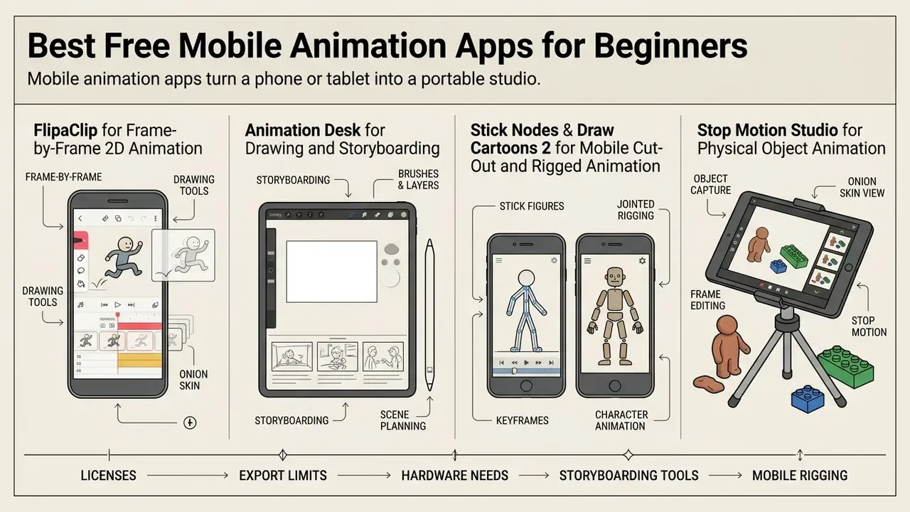Summary of mobile animation apps showing features for frame-by-frame, storyboarding, rigging, and stop motion