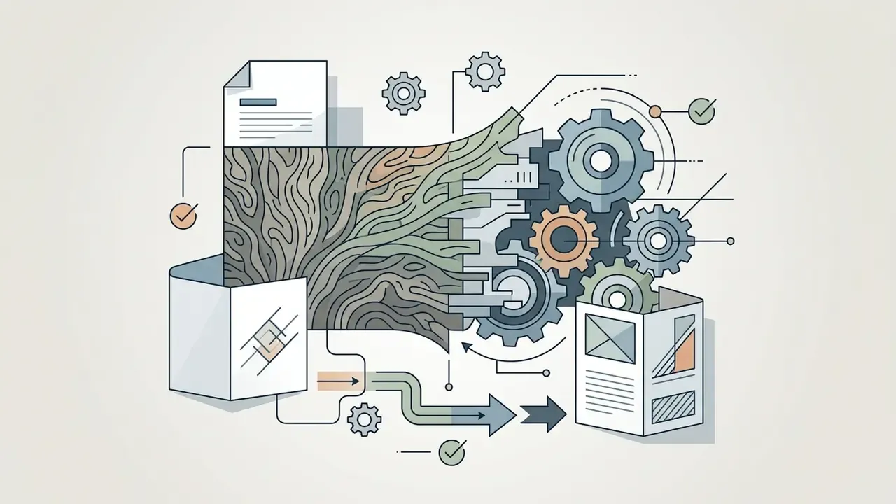 Tree bark texture transitioning into mechanical gears surrounded by documents and flow lines