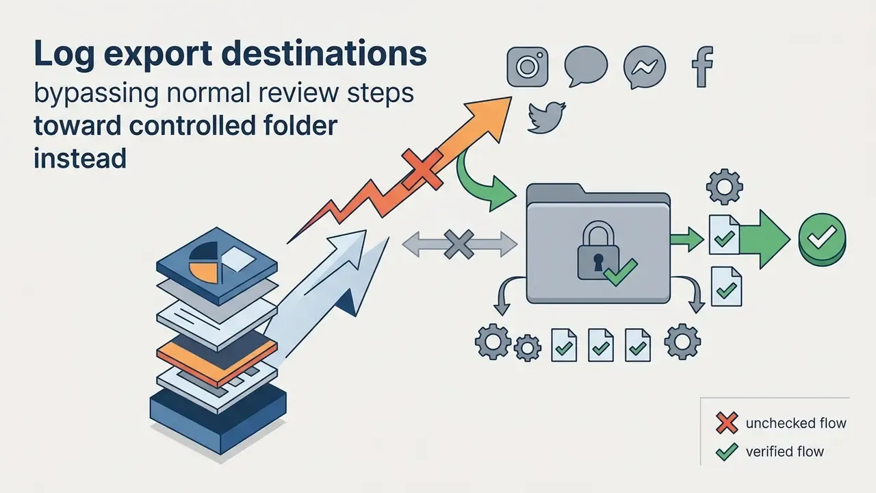 Arrows redirecting media files from social media platforms toward a locked folder for review
