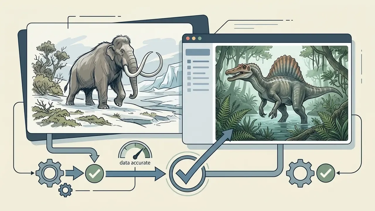 Woolly mammoth and Spinosaurus illustrations processed through a workflow of gears and accuracy gauges