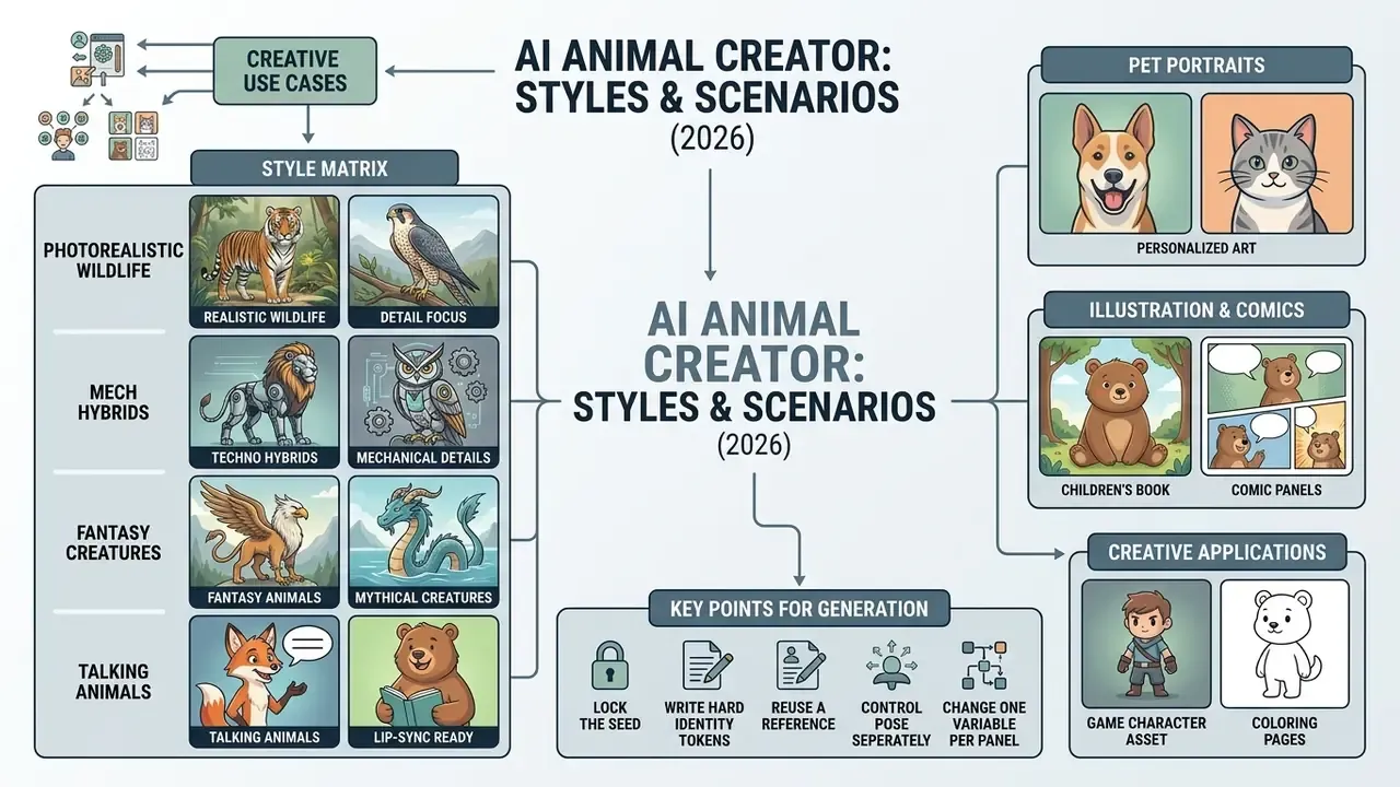Comprehensive diagram detailing various artistic styles and practical use cases for animal image generation
