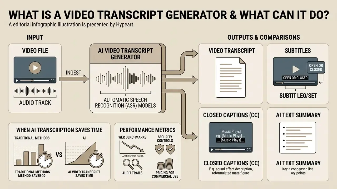 Flowchart showing how a video transcript generator processes audio files into text, captions, and summaries