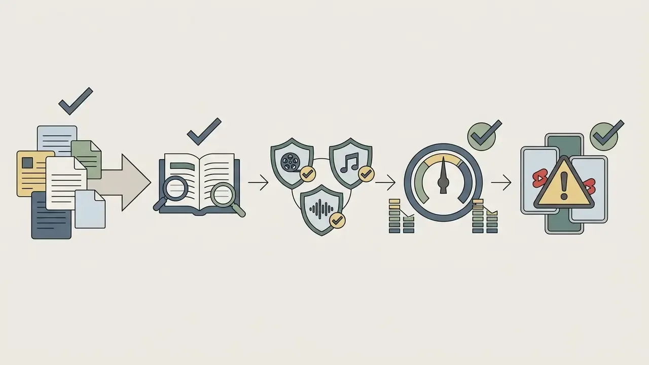 Sequence of icons representing fact checking, licensing, audio mastering, and content disclosure steps