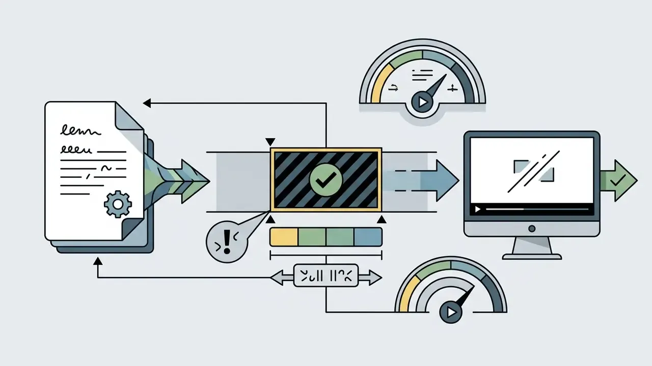 Document processing pipeline with speed gauges and a monitor showing a trimmed video clip