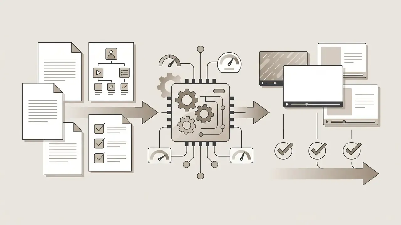 Educational course materials feeding into a central AI processor to generate multiple video lecture files