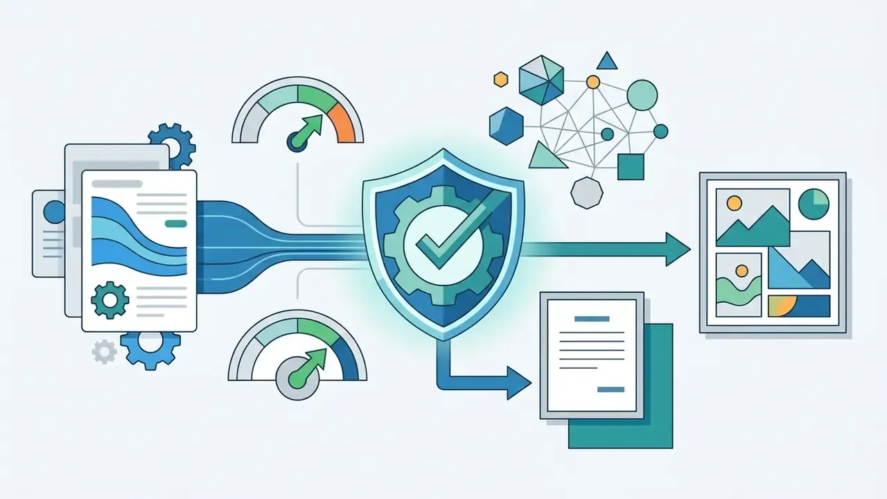 Documents entering a central shield icon with a gear and checkmark before exiting as a finished collage