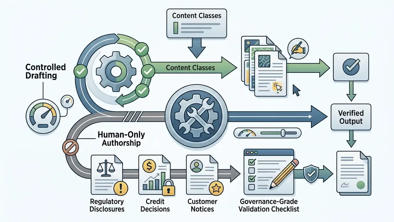 Workflow diagram showing paths for machine drafting versus human-only authorship with a validation step