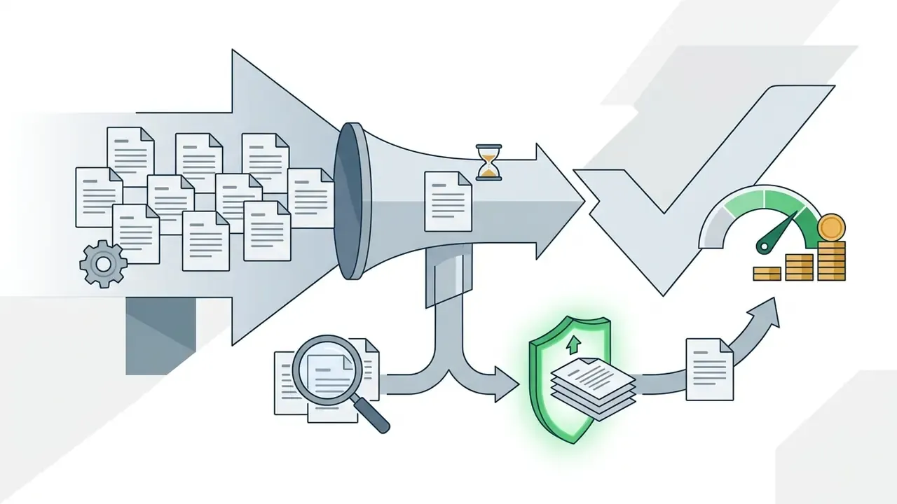 Multiple documents passing through a funnel for review and compliance before reaching a gauge and coins