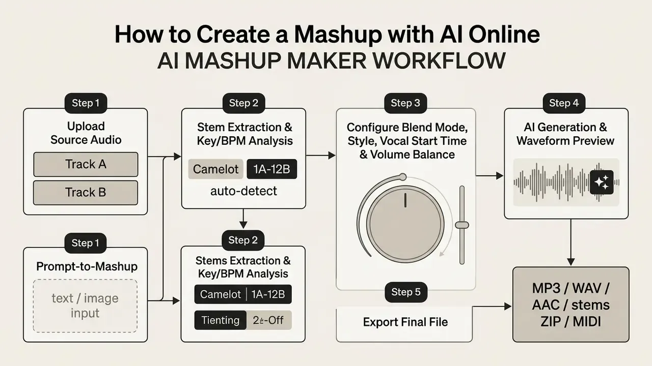 Flowchart outlining the five-step process for using an AI mashup maker to create and export audio files