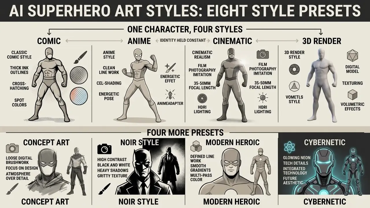 Comparison chart detailing eight distinct visual styles for character design including comic and 3D render
