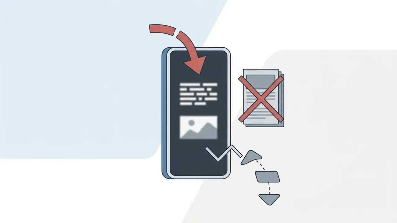 Smartphone screen with text and image content next to a rejected document icon and a process flow