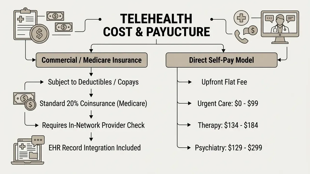 Comparison chart detailing telehealth payment structures for insurance plans versus direct self-pay models