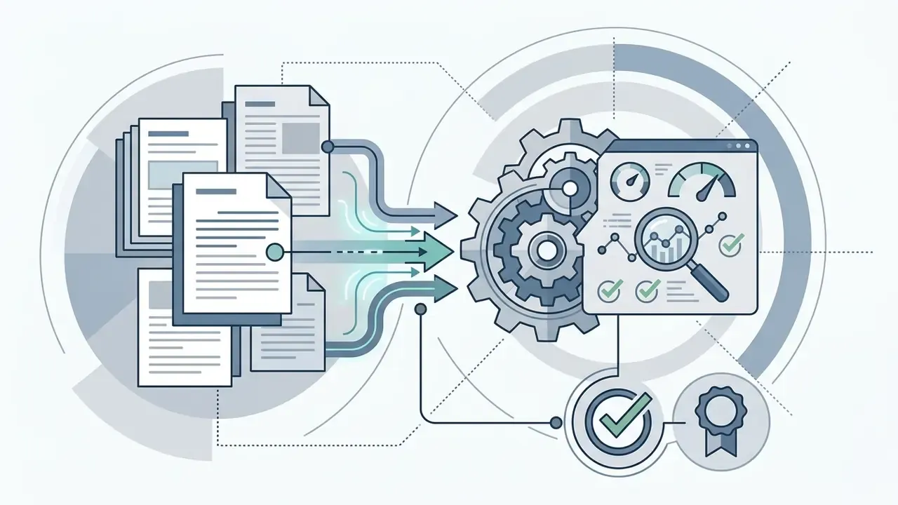 Documents feeding into a mechanical gear system and a dashboard with analysis tools and quality badges