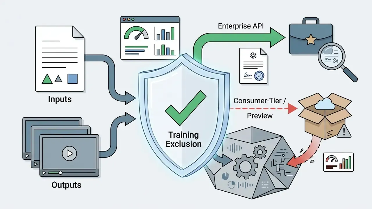 Data inputs and outputs flowing into a central shield icon for training exclusion and model governance