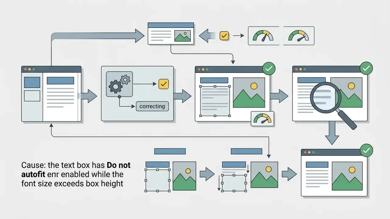Flowchart showing steps to fix text box autofit settings and font size issues in Google Slides